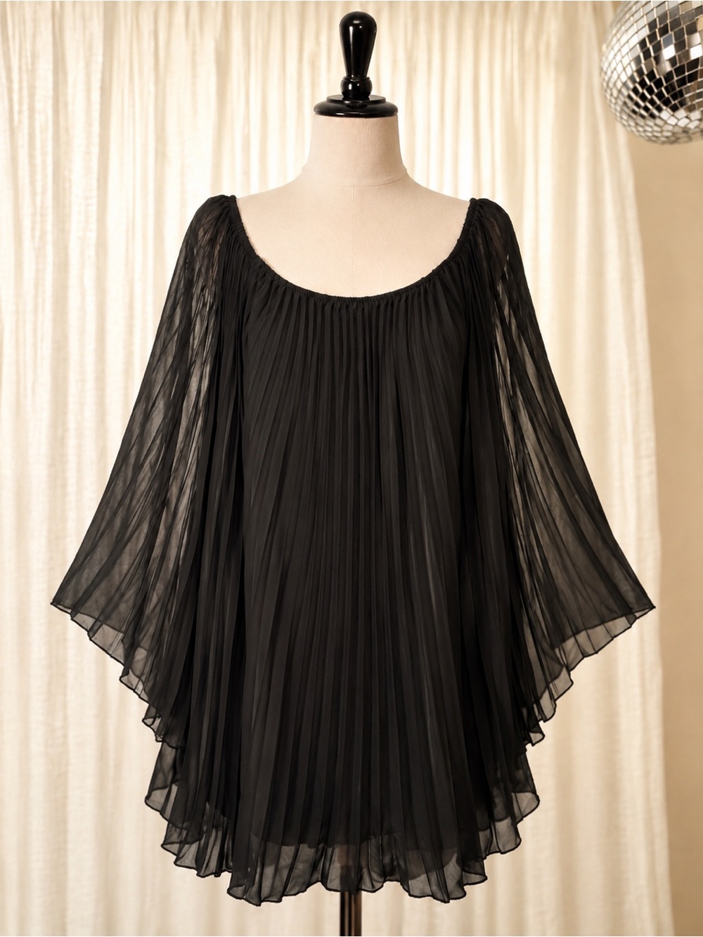 Black Pleated Sheer Swing Dress Women